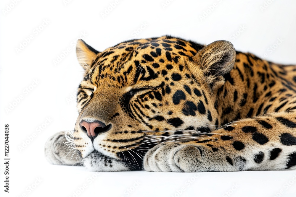 Obraz premium A jaguar rests peacefully, its spotted coat a striking contrast against the white background.