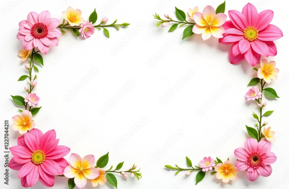 Pink spring flowers are arranged in a frame shape, with space for text in the center. Pink spring flowers are arranged in a frame shape, with space for text in the center.