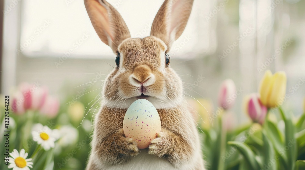 Fototapeta premium Easter bunny day concept. Playful Easter Bunny Sitting Amidst Tulips in a Lush Garden