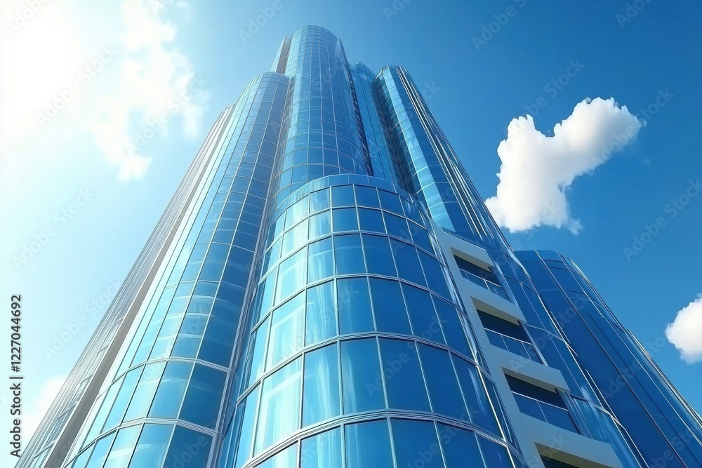 Fototapeta premium A tall glass skyscraper reflecting sunlight under a clear blue sky with fluffy clouds.