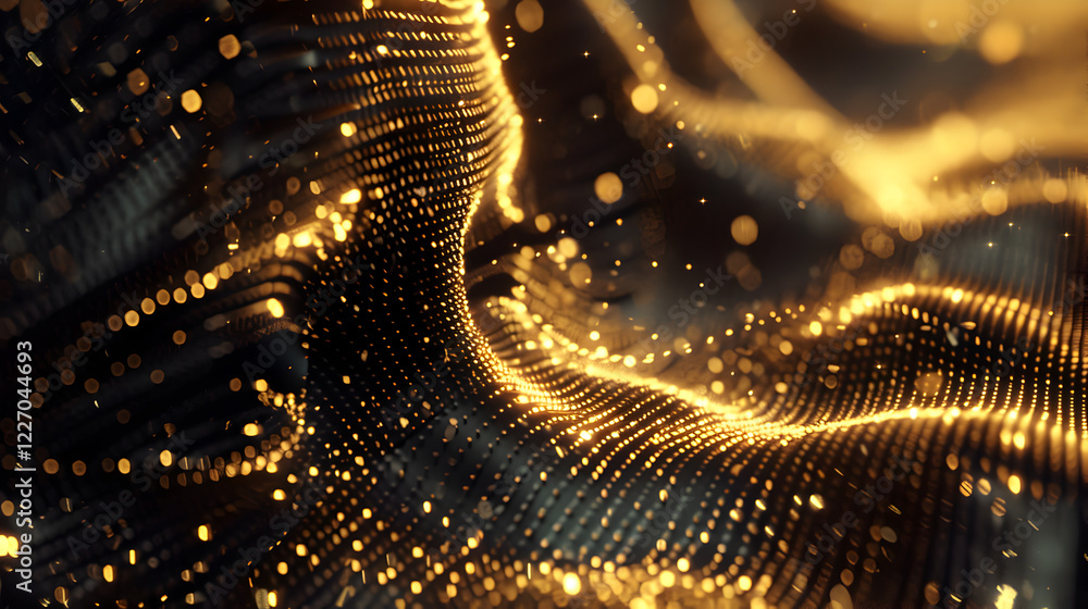 Abstract golden waves with shimmering particles creating a dynamic visual effect. Abstract golden waves with shimmering particles creating a dynamic visual effect.