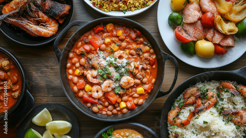 Brazilian food cuisine feijoada and meat dish menu, Brazil traditional bean and fish meals, vector banners. Brazilian national dishes, churrasco meat, bacalhau fish stew, corn soup and shrimp moqueca photo