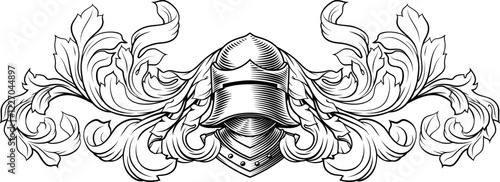 Coat of arms crest knight family medieval shield heraldry heraldic armorial motif. Featuring a knights helm helmet in a vintage etching engraving woodcut style