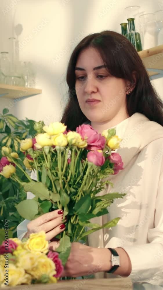 Florist making the bouquet of flowers in a flower shop. Selling Bunch Of Beautiful And Fresh Flower. Florist making the bouquet of flowers in a flower shop. Selling Bunch Of Beautiful And Fresh Flower.