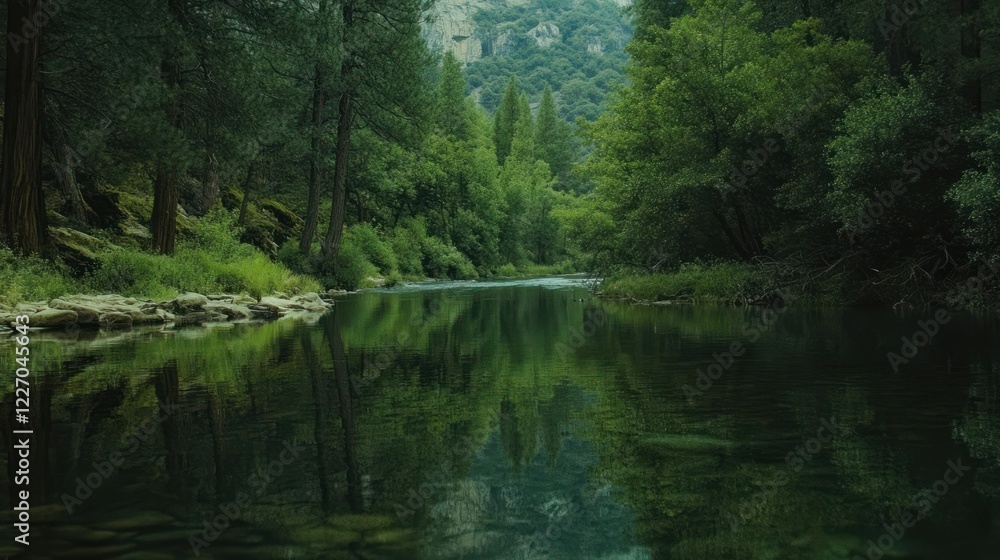 Calm river reflecting forest, Yosemite valley Calm river reflecting forest, Yosemite valley