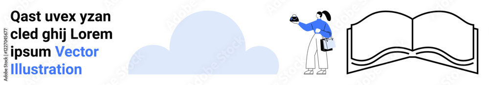 Person holding camera photographing an open book against a large abstract cloud. Ideal for education, learning, creativity, photography, minimalism, inspiration, flat landing page banner