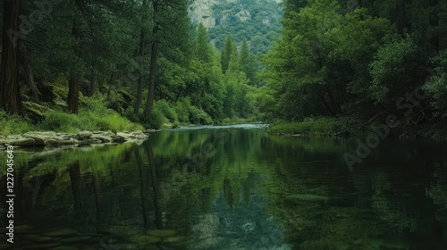 Calm river reflecting forest, Yosemite valley