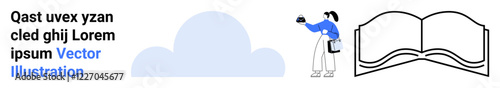 Person holding camera photographing an open book against a large abstract cloud. Ideal for education, learning, creativity, photography, minimalism, inspiration, flat landing page banner