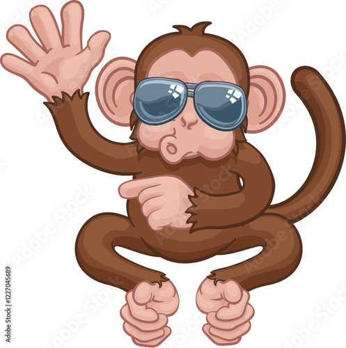 A monkey cute happy cool cartoon character animal wearing sunglasses waving and pointing