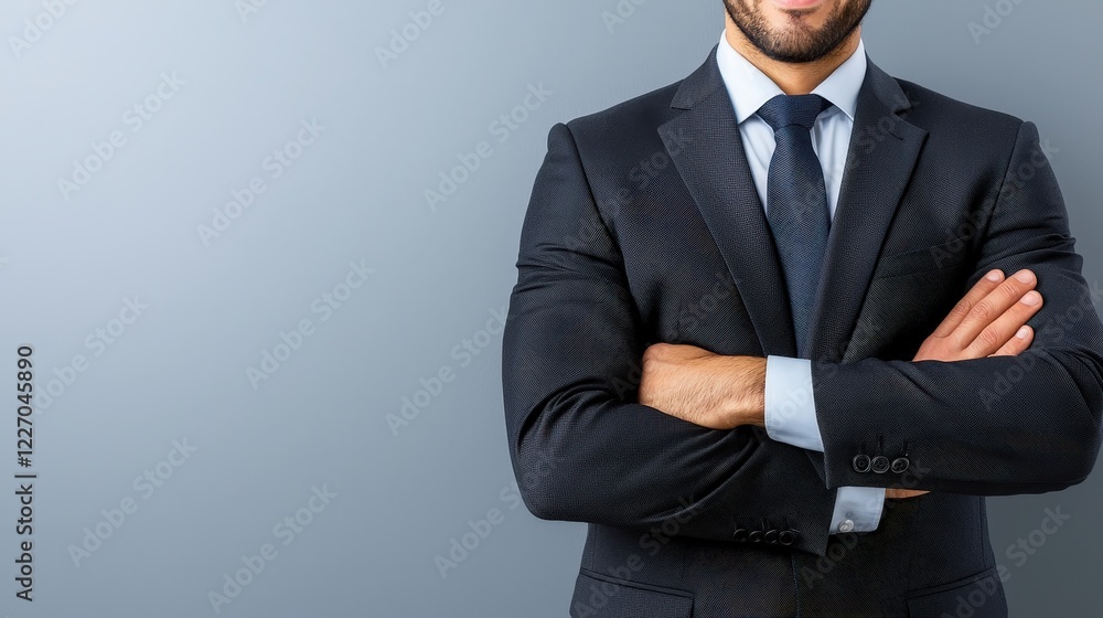 Portrait of a smiling arabian businessman in a suit and tie with arms crossed standing confidently Portrait of a smiling arabian businessman in a suit and tie with arms crossed standing confidently