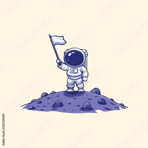Astronaut sitting on planet and holding a flag cartoon Vector Illustration