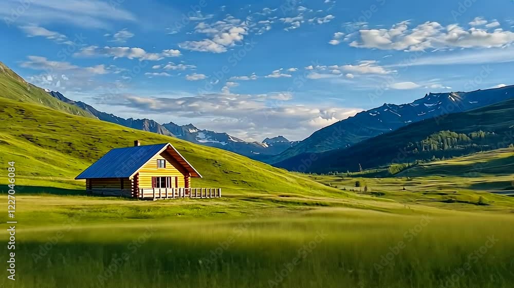 Tranquil mountain vista featuring lush hills and a distant cabin under a bright blue sky. Tranquil mountain vista featuring lush hills and a distant cabin under a bright blue sky.