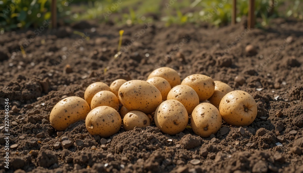 Freshly Harvested Potatoes on Soil Organic Farm Produce Vegetable Gardening Freshly Harvested Potatoes on Soil Organic Farm Produce Vegetable Gardening