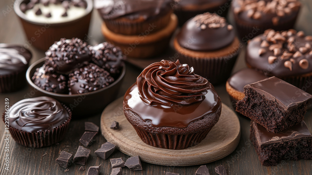 Chocolate banner with cakes and desserts. Vector design of donuts or chocolate muffins and tiramisu cake or brownie sweet pie dessert with choco bars and dripping fondant glaze for cafeteria pastry Chocolate banner with cakes and desserts. Vector design of donuts or chocolate muffins and tiramisu cake or brownie sweet pie dessert with choco bars and dripping fondant glaze for cafeteria pastry