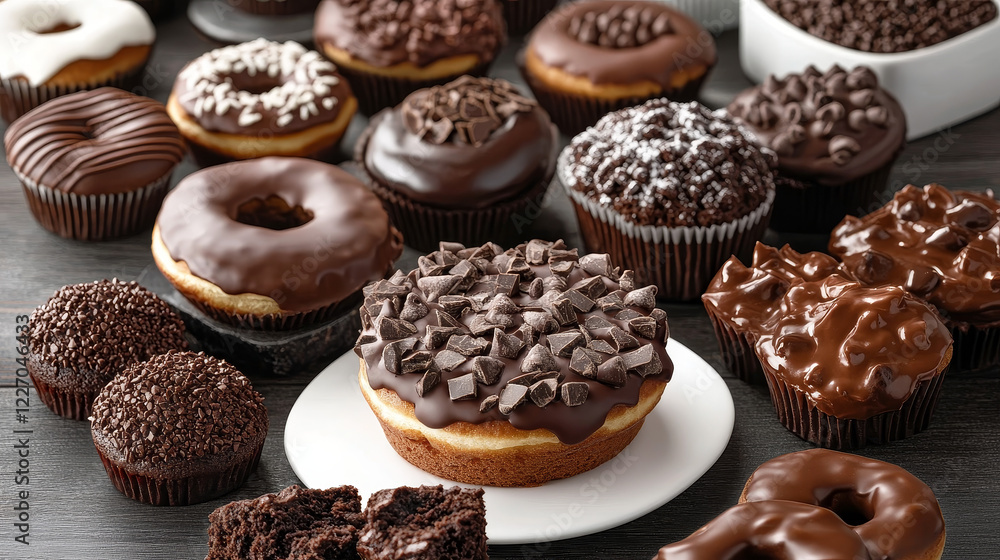 Chocolate banner with cakes and desserts. Vector design of donuts or chocolate muffins and tiramisu cake or brownie sweet pie dessert with choco bars and dripping fondant glaze for cafeteria pastry Chocolate banner with cakes and desserts. Vector design of donuts or chocolate muffins and tiramisu cake or brownie sweet pie dessert with choco bars and dripping fondant glaze for cafeteria pastry