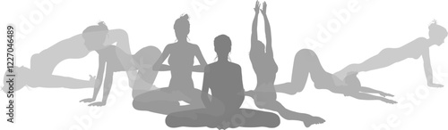 Silhouette yoga pilates women poses set. Active sports people healthy players fitness silhouettes concept.