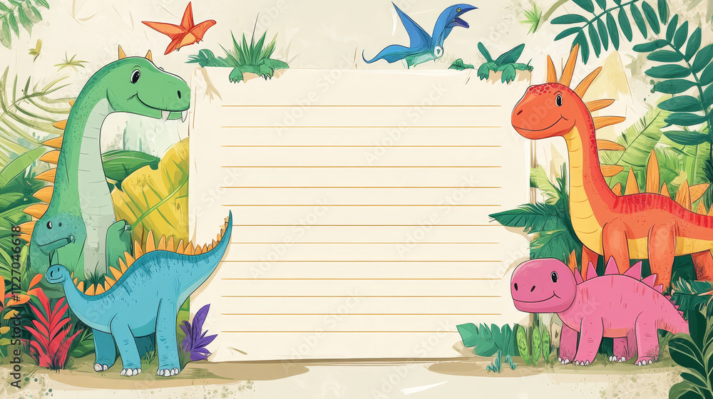 Dinosaur notepad. Vector vibrant dino-themed vertical pages with prehistoric creatures in lush jungle forest. Lined sheets for writing notes with colorful, playful reptiles, kids stationery supplies Dinosaur notepad. Vector vibrant dino-themed vertical pages with prehistoric creatures in lush jungle forest. Lined sheets for writing notes with colorful, playful reptiles, kids stationery supplies
