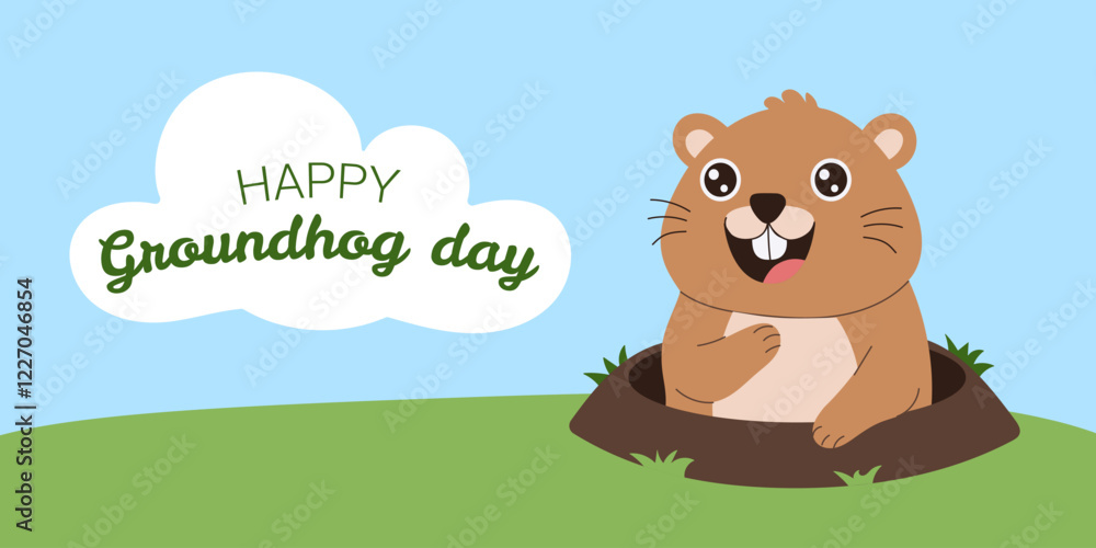 A cartoon of a groundhog with a smile on its face. The text below the image says Happy Groundhog Day A cartoon of a groundhog with a smile on its face. The text below the image says Happy Groundhog Day