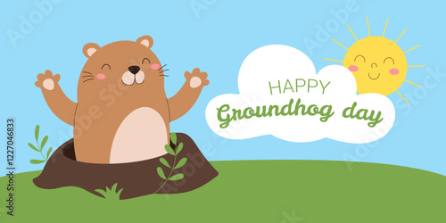 A cartoon of a groundhog with a smile on its face. The groundhog is in a hole and the sun is shining on it. The background is a green field