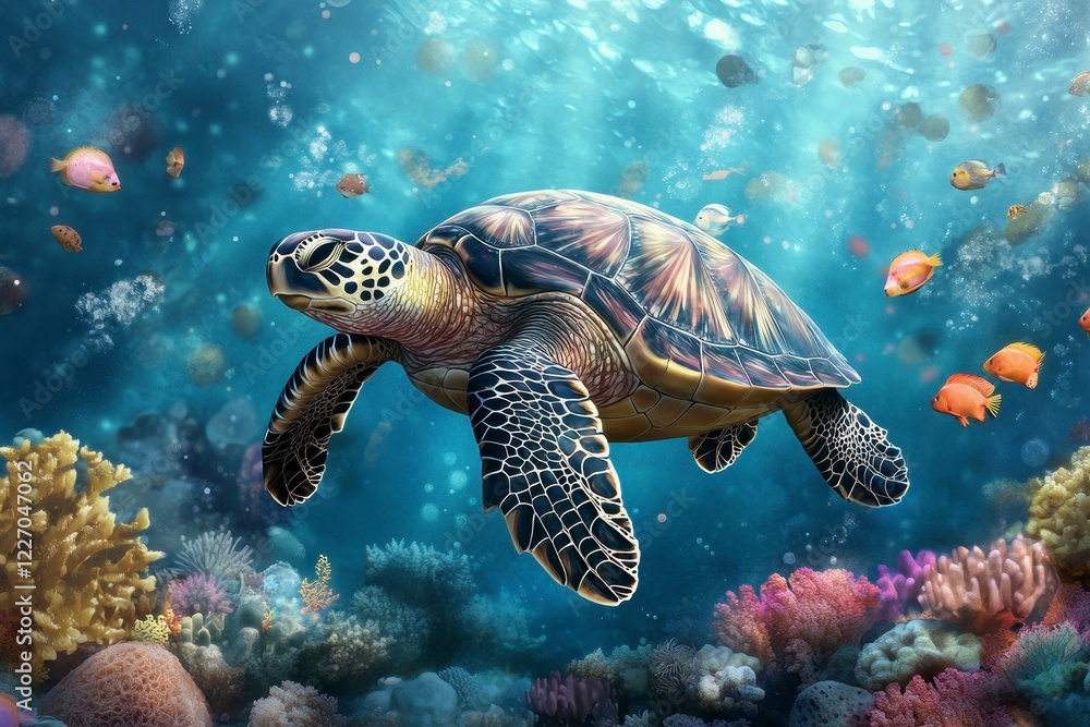 Obraz premium Serene Underwater Realm Sea Turtle and Vibrant Coral Reef
