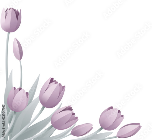 Paper craft or paper cut origami style floral tulip flowers design. With purple lilac tulips background corner frame design elements. Perfect for Valentines Day or Mothers Day.