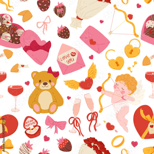 Romantic seamless design with teddy bears, gifts, presents, letters and love symbols. Print for love and gifting occasions. Perfect for gift boxes, digital designs, party decor and home decor