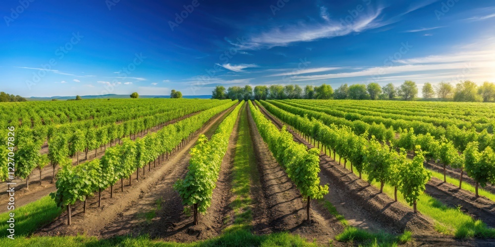 Panoramic view of a lush landscape with rows of currant bush seedlings in vibrant colors against a clear blue sky, panorama, currant bushes Panoramic view of a lush landscape with rows of currant bush seedlings in vibrant colors against a clear blue sky, panorama, currant bushes