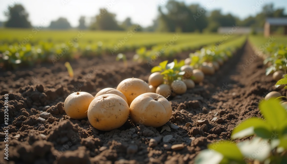 Fototapeta premium Freshly Harvested Potatoes in a Sunny Farm Field Organic Agriculture Rural Scene