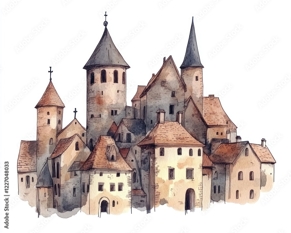 Watercolor Painting of a Medieval European Village Watercolor Painting of a Medieval European Village