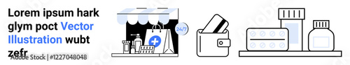 Shopping bag with medical cross outside store, medicine bottles, blister pack, and prescription in pocket. Ideal for healthcare, online shopping, digital pharmacy, e-commerce, telemedicine