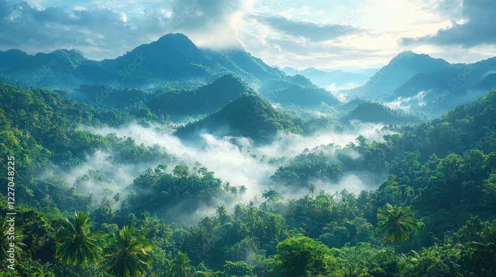 Obraz premium Misty Mountains Enveloping Lush Tropical Rainforest
