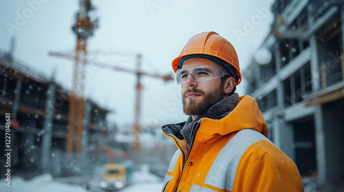 cheerful builder at a construction site in winter . Generative AI