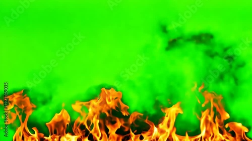 Orange Red Flames Engulf on green screen background. Vibrant fire animated on green backdrop. Burning flame animation. Frame Template. Chroma key. Motion graphics. Creative video for overlay. Inferno