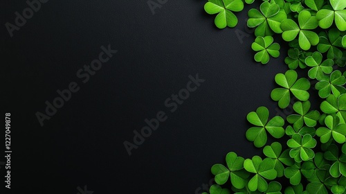 Bunch of green shamrock leaves on black background with vibrant green spring frame and clover accents
