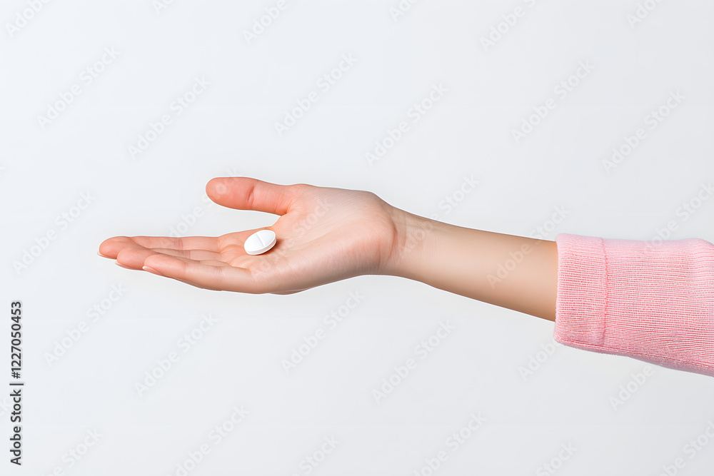 A human hand holding a pill in the palm, isolated on white background A human hand holding a pill in the palm, isolated on white background