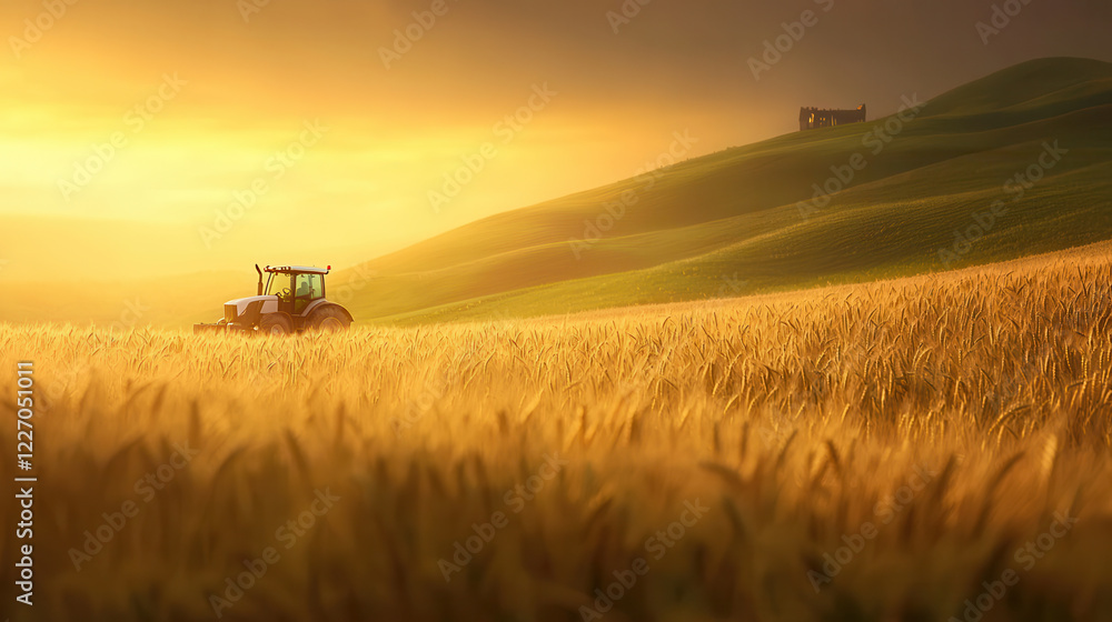 Fototapeta premium tractor working in golden wheat field during sunset, creating serene agricultural scene