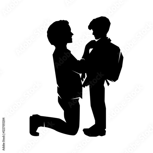 Silhouette of a mother at home preparing her child's uniform for the first day of school