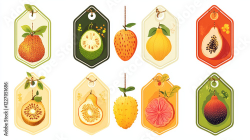 Exotic fruits price cards from food shop. Vector set kuruba and marang, cantaloupe and loquat, cupuasu and kiwano, dates and akebia, grenadilla, perssimmon, gandaria and bail, magic fruit and kaimito photo