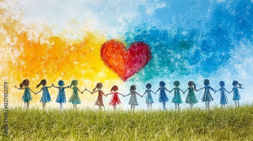 A colorful drawing symbolizing unity, love and friendship, children holding hands with a heart on background