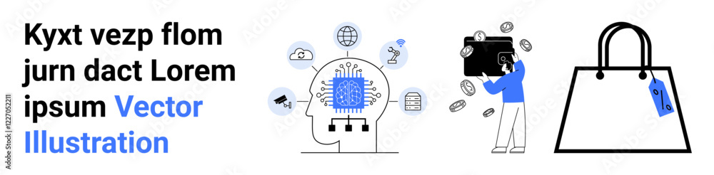 Brain labeled with circuits connecting to global icons, a person managing tasks with a briefcase, and a shopping bag with a tag. Ideal for technology, AI, innovation, e-commerce, shopping Brain labeled with circuits connecting to global icons, a person managing tasks with a briefcase, and a shopping bag with a tag. Ideal for technology, AI, innovation, e-commerce, shopping