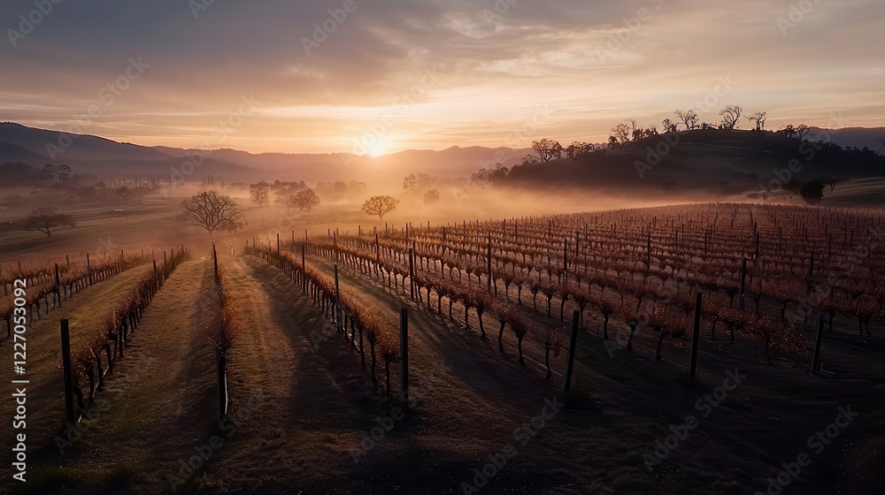 Obraz premium Breathtaking vineyard landscape at sunrise with mist and shadows
