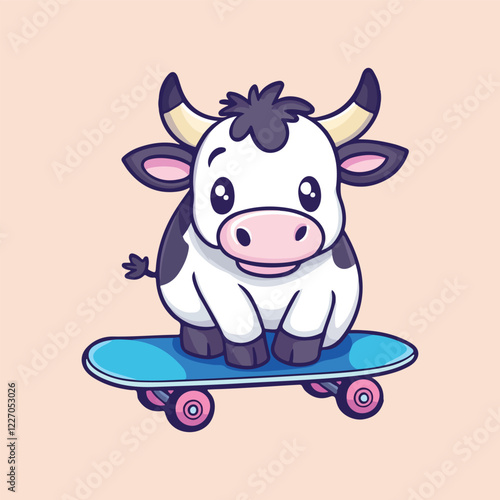 cow playing a Skateboard Cartoon Vector Illustration