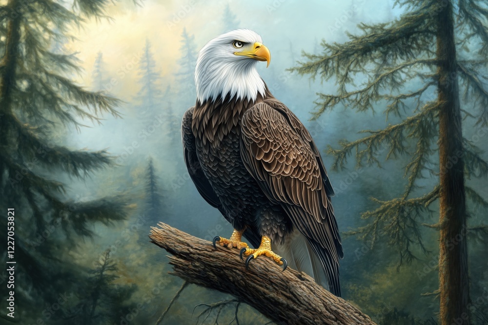 Obraz premium Majestic Bald Eagle Perched in Misty Forest