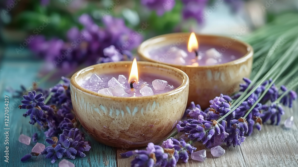 aromatic candles with a sprig of lavender and sea salt on a wooden table. Spa concept aromatic candles with a sprig of lavender and sea salt on a wooden table. Spa concept