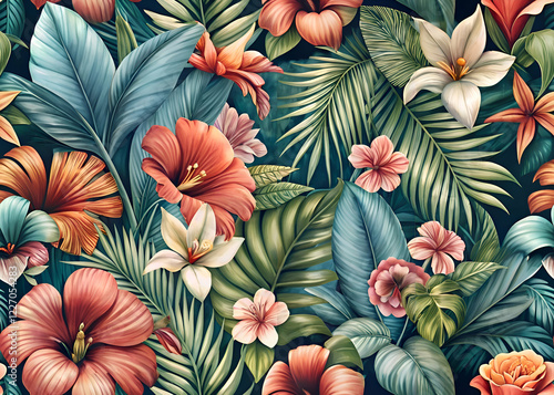 Wallpaper Mural Tropical Flowers and Leaves Pattern . Exotic Floral Background Torontodigital.ca