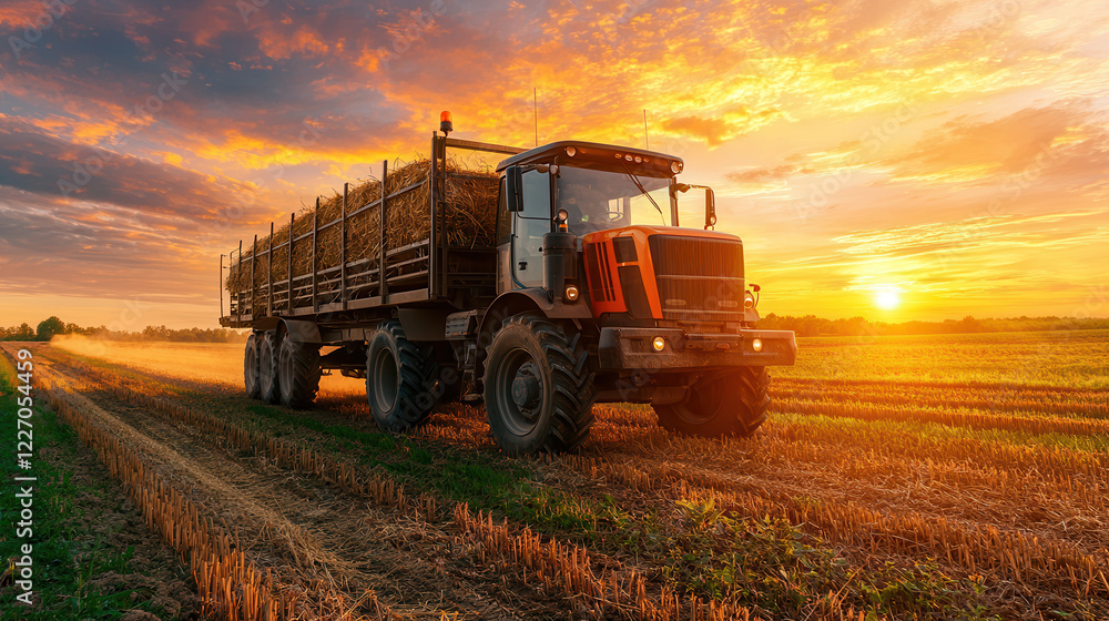 Fototapeta premium modern farming vehicle transporting hay at sunset in field, showcasing agricultural work and nature beauty