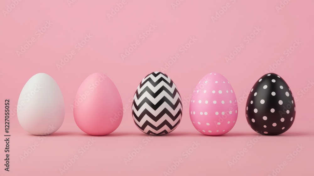 Easter day concept. Minimalist Monochrome Geometric Easter Eggs with Abstract Patterns on Pink Background Easter day concept. Minimalist Monochrome Geometric Easter Eggs with Abstract Patterns on Pink Background