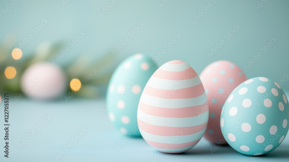 Easter day concept. Pastel Easter Eggs with Hand Drawn Polka Dots and Stripes Easter day concept. Pastel Easter Eggs with Hand Drawn Polka Dots and Stripes