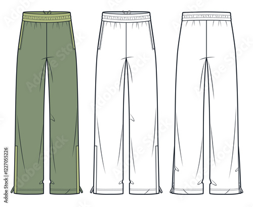 Wide-Leg Elastic Waist Pants fashion flat technical drawing template. Jogger Pants technical fashion illustration, pockets, side zippers, front, back view, white, green, women, men, unisex CAD mockup.