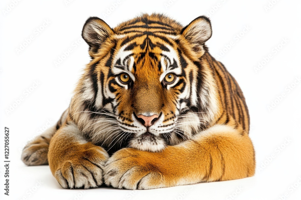 Fototapeta premium Majestic tiger rests, intense gaze.